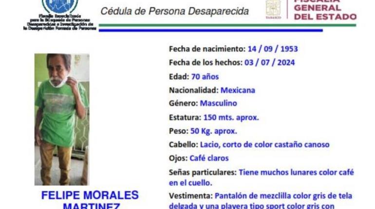 Desaparece adulto mayor en Centro 