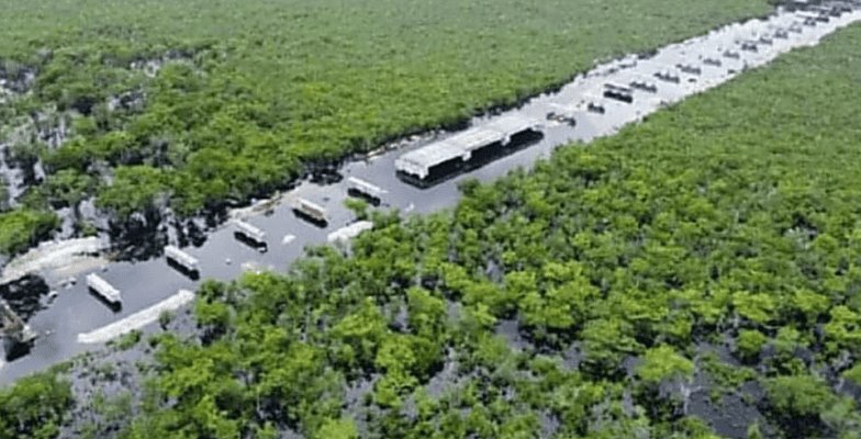 Reportan que vías en construcción del Tren Maya se encuentran inundadas por escurrimiento de lluvias