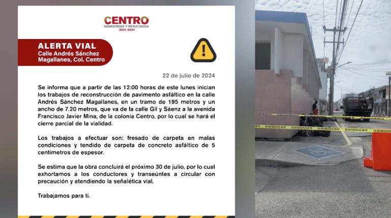 Cerrado tramo de Andrés Sánchez Magallanes en Centro hasta el 30 de julio