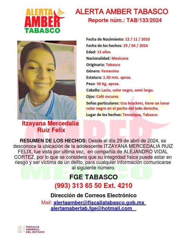 Activan Alerta Amber para buscar a Itzayana de 13 años, extraviada en Tenosique