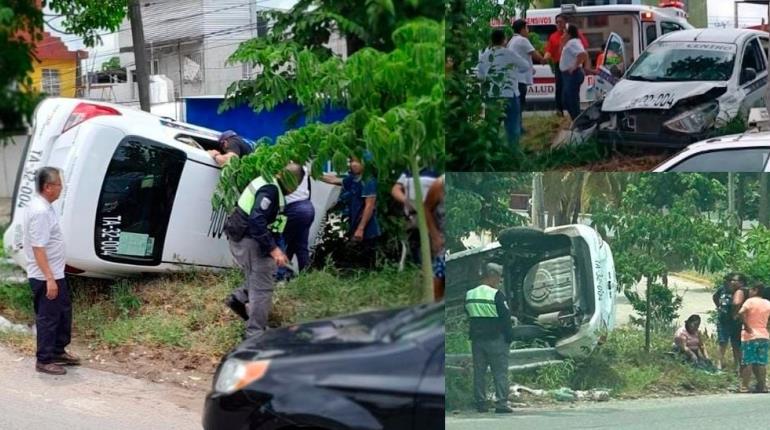 Taxista pierde el control y vuelca en la Av. Luis Donaldo Colosio