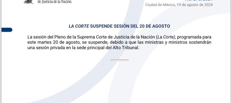 Suspende SCJN sesión de este martes; habrá reunión privada