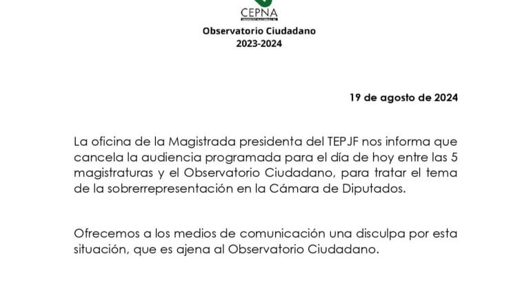 Cancela TEPJF reunión con Observatorio Ciudadano acerca de la sobrerrepresentación