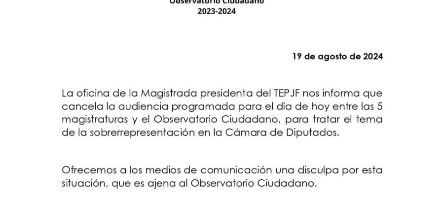 Cancela TEPJF reunión con Observatorio Ciudadano acerca de la sobrerrepresentación