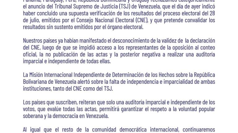 Rechazan 11 países fallo del Tribunal Supremo de Venezuela sobre elección presidencial