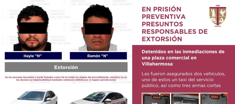 Dictan prisión preventiva a presuntos extorsionadores de Centro