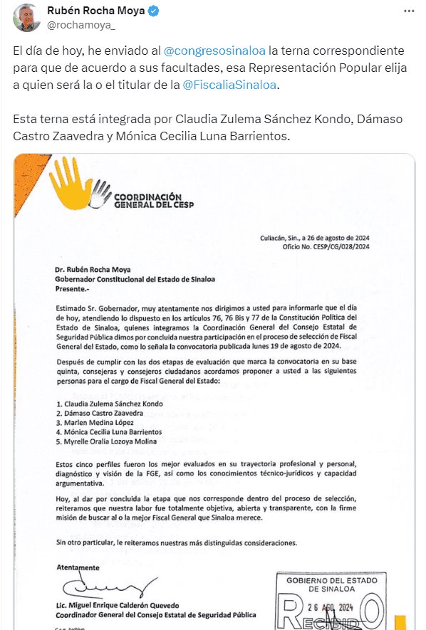 Envía Rubén Rocha terna para nuevo fiscal tras renuncia de Sara Bruna por caso Cuén