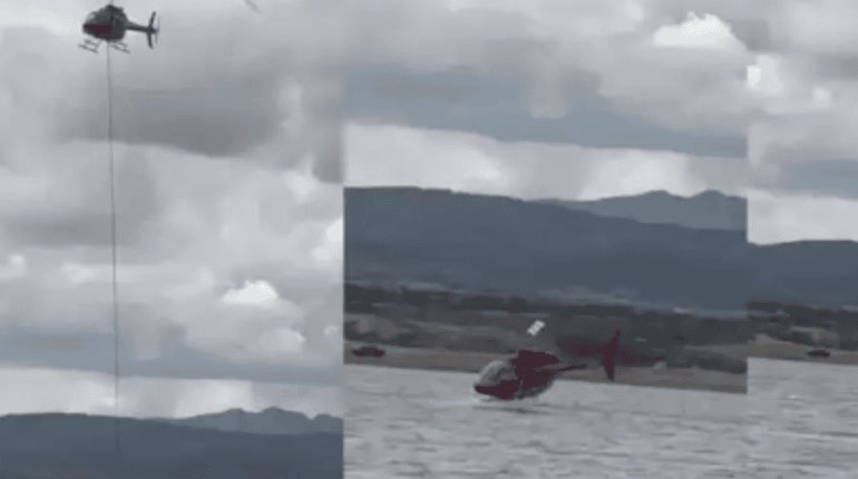 Se desploma helicóptero en presa de Chihuahua; tripulantes fueron rescatados con vida