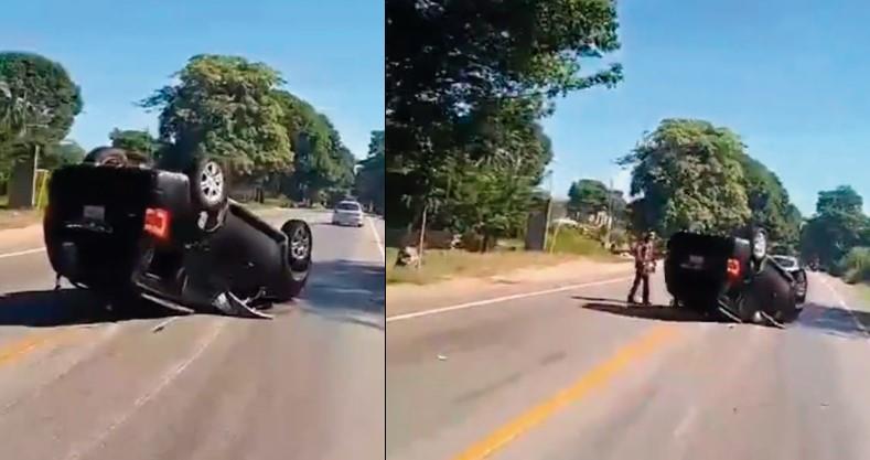 Pierde el control de su camioneta y vuelca en la Villahermosa-Teapa 