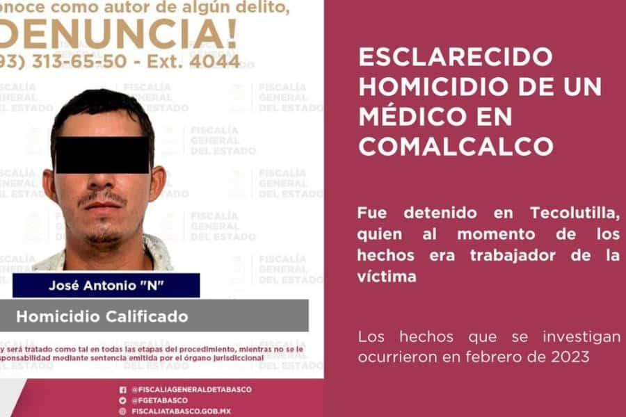 Detienen en Comalcalco a presunto asesino de médico en 2023