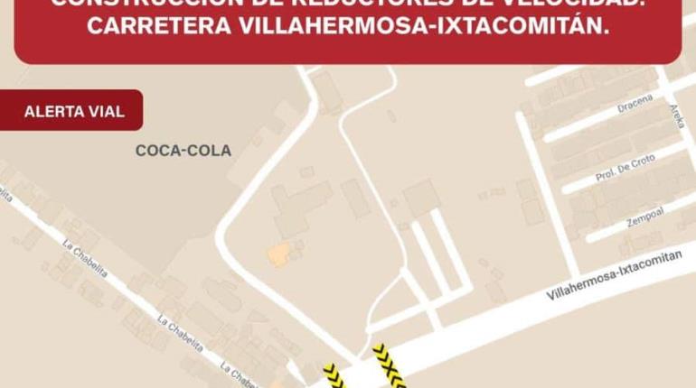 Colocarán reductores de velocidad en la Villahermosa-Ixtacomitán