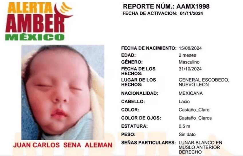 Activan autoridades Alerta Amber Nacional por robo de bebé en Nuevo León