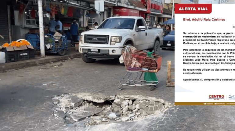 Este viernes inician reparación de hundimiento en Ruiz Cortines a la altura del Puente Grijalva I