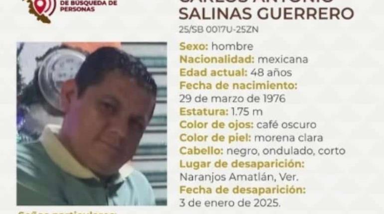 Emiten ficha de localización por líder emecista Carlos Antonio Salinas en Veracruz