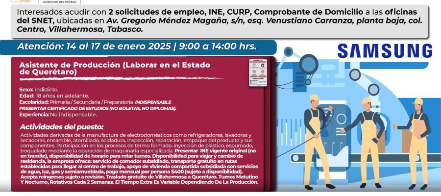 Inicia en Tabasco reclutamiento para trabajar en Samsung Querétaro