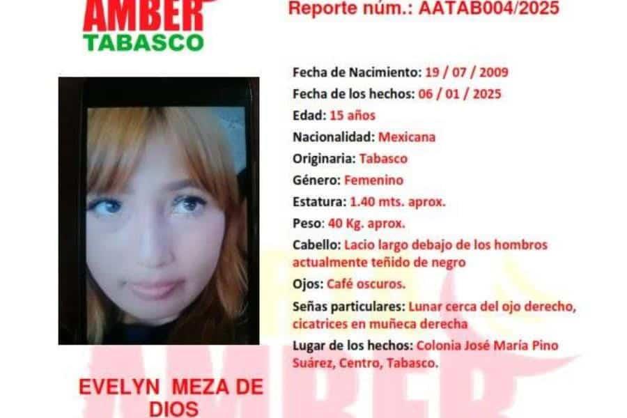 Activan Alerta Amber para localizar a la menor de 15 años, Evelyn Meza de Dios