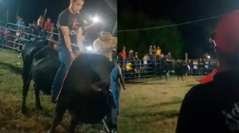 Joven es "noqueado" montando un toro en la feria Pomposú, Jalpa de Méndez