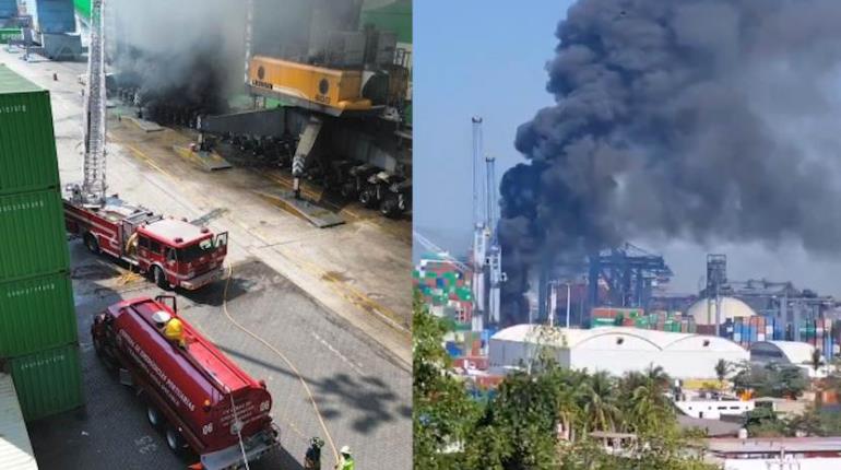 Se incendia grúa en puerto de Manzanillo, Colima