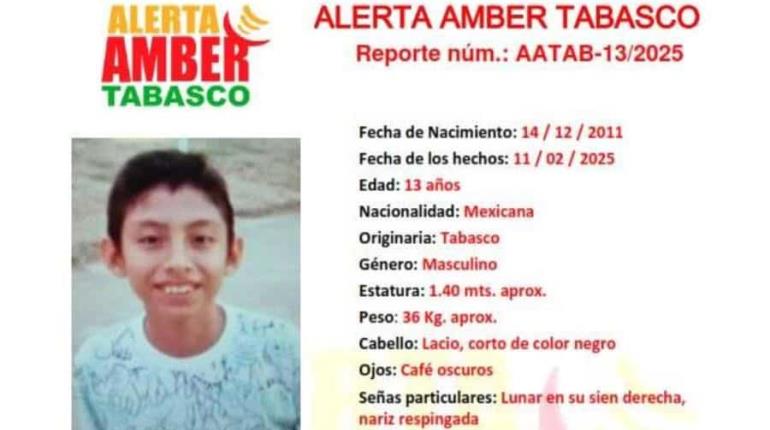 Salió de su casa en Centro y no regresó; buscan a Erick Jonathan de 13 años