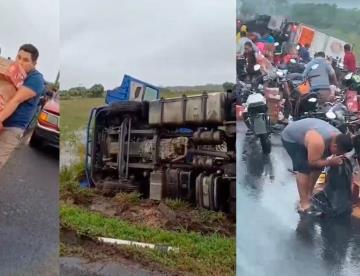 Vuelca tráiler cargado de leche y termina rapiñado en la Coatzacoalcos-La Venta