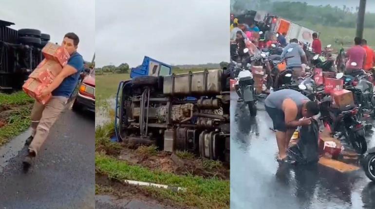 Vuelca tráiler cargado de leche y termina rapiñado en la Coatzacoalcos-La Venta