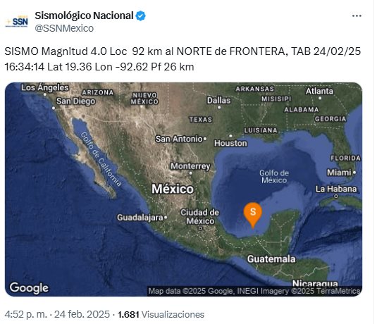 Se registra sismo de magnitud 4.0 en costas de Frontera