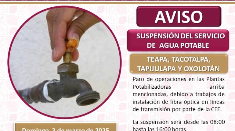 Suspenderán servicio de energía y agua en comunidades de Teapa y Tacotalpa