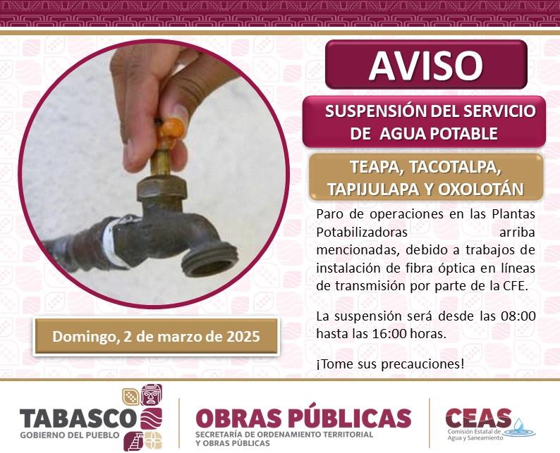 Suspenderán servicio de energía y agua en comunidades de Teapa y Tacotalpa