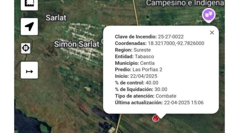Se registra incendio forestal en Centla