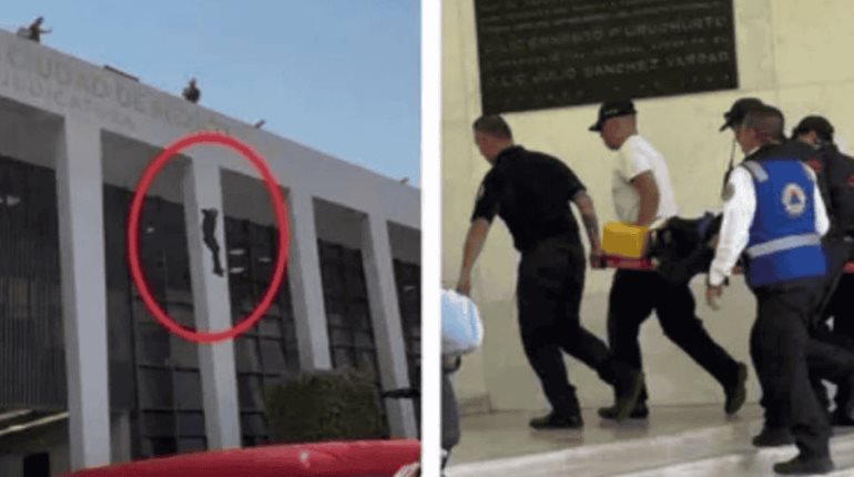 Bombero se lesiona tras aventarse desde edificio del Poder Judicial en simulacro nacional