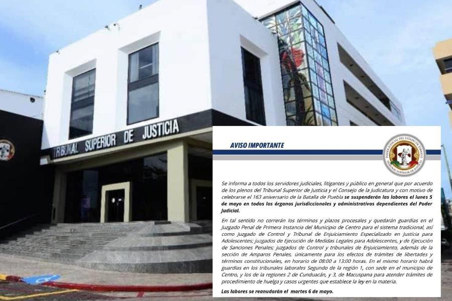 Suspenderá Poder Judicial de Tabasco labores el lunes 5 de mayo
