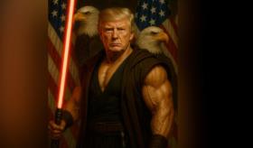 Celebra La Casa Blanca Star Wars con Trump musculoso y con sable rojo