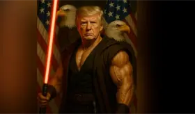 Celebra La Casa Blanca Star Wars con Trump musculoso y con sable rojo