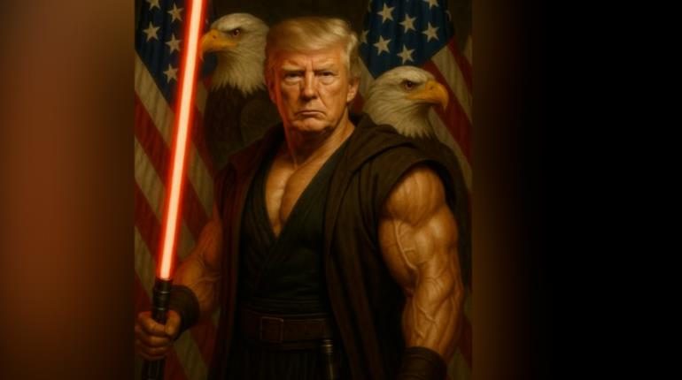 Celebra La Casa Blanca Star Wars con Trump musculoso y con sable rojo