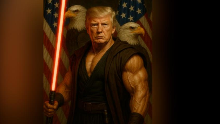 Celebra La Casa Blanca Star Wars con Trump musculoso y con sable rojo Celebra La Casa Blanca Star Wars con Trump musculoso y con sable rojo