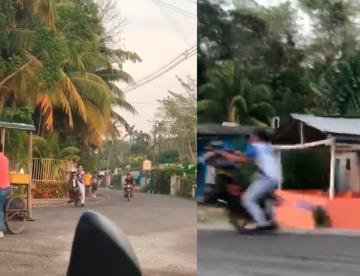 Exhiben a joven realizando acrobacias de alto riesgo en moto y sin protección en Comalcalco