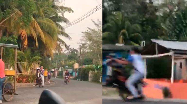 Exhiben a joven realizando acrobacias de alto riesgo en moto y sin protección en Comalcalco