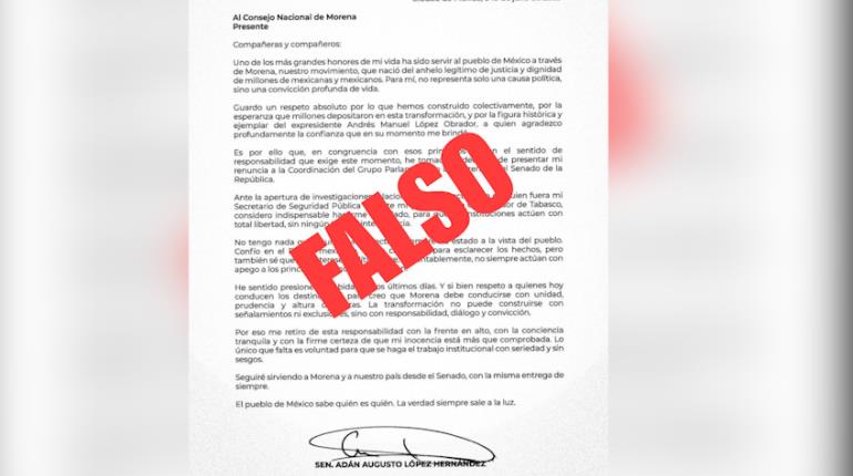 Morenistas desmienten carta de renuncia de Adán Augusto