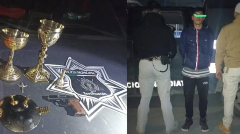 Roba cáliz y campana de iglesia, pero es detenido por Policías Municipales en Edomex