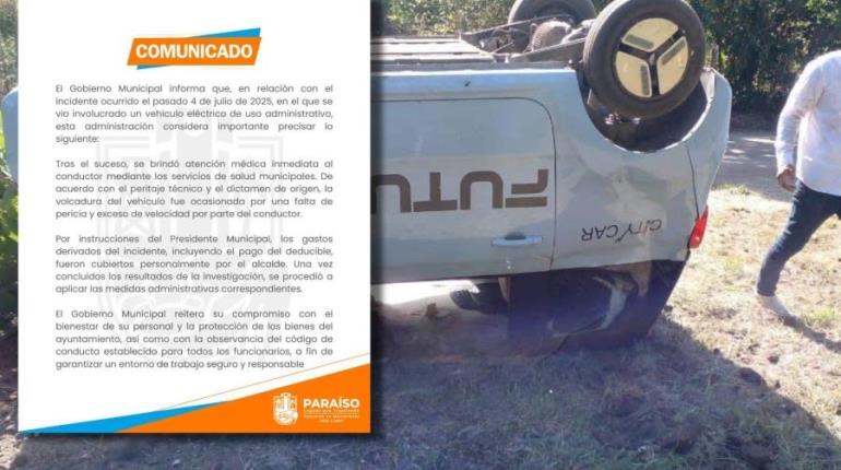 Alcalde de Paraíso cubrirá gastos de carro eléctrico volcado por su funcionario