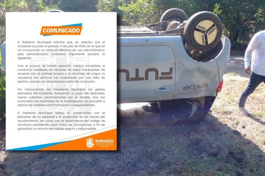 Alcalde de Paraíso cubrirá gastos de carro eléctrico volcado por su funcionario