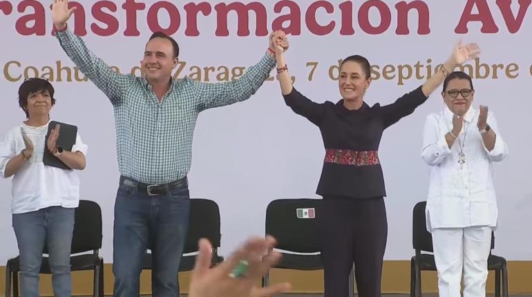 "Que viva la presidenta", vitorea el gobernador priista, Manolo Jiménez, en la visita de Sheinbaum a Coahuila