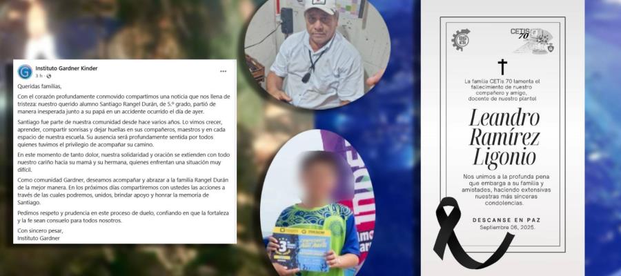 Niño deportista, su padre y maestro del CETIS 70, las víctimas del accidente en Centla