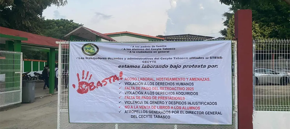 Escala protesta de sindicalizados en CECyTE Tabasco; colocan mantas en 21 planteles