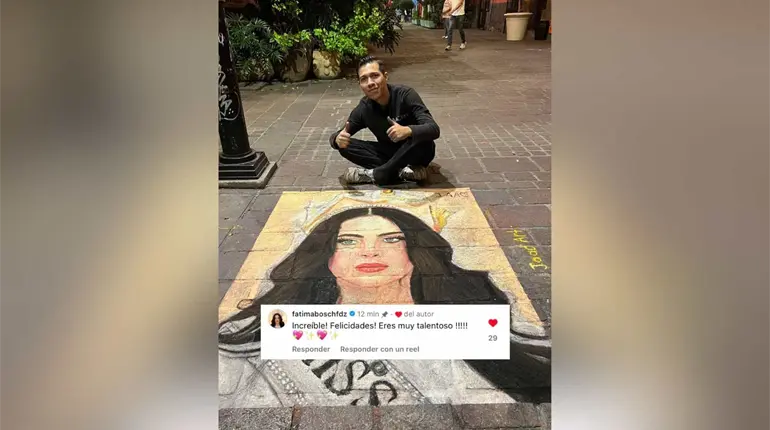 Artista urbano de Jalisco realiza pintura efímera de Fátima Bosch
