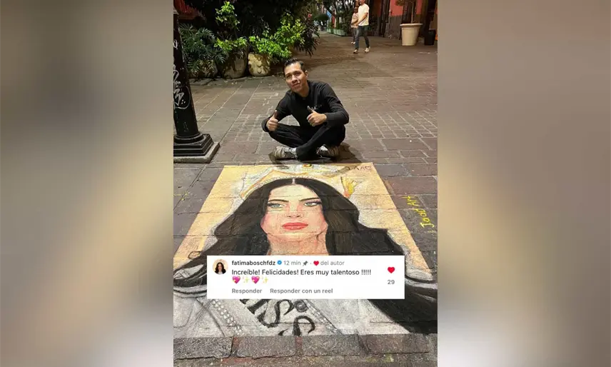 Artista urbano de Jalisco realiza pintura efímera de Fátima Bosch