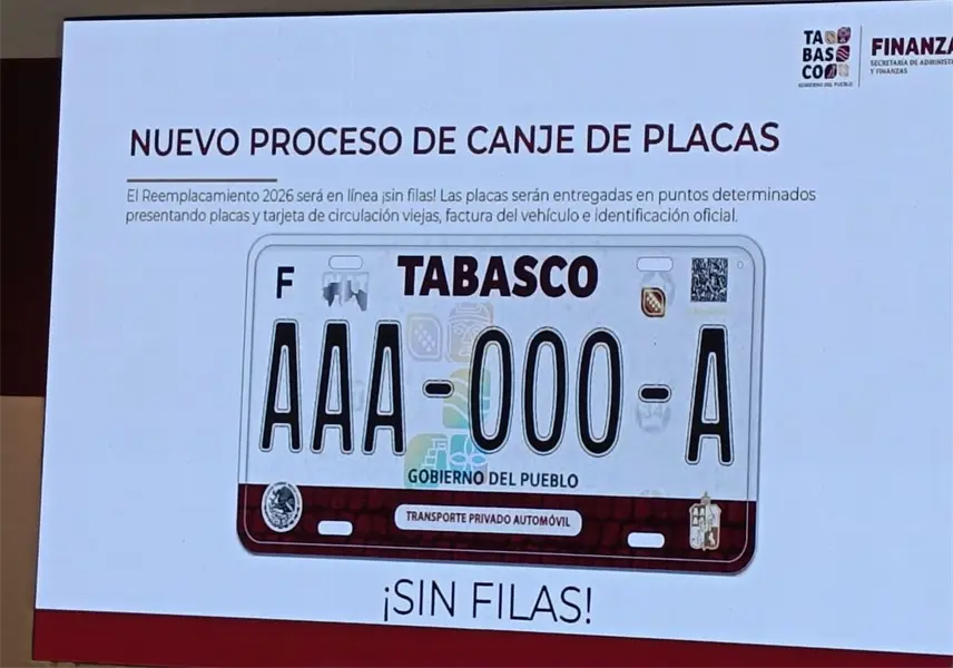 Anuncian canje de placas vehiculares en Tabasco; iniciará el 5 de enero Anuncian canje de placas vehiculares en Tabasco; iniciará el 5 de enero