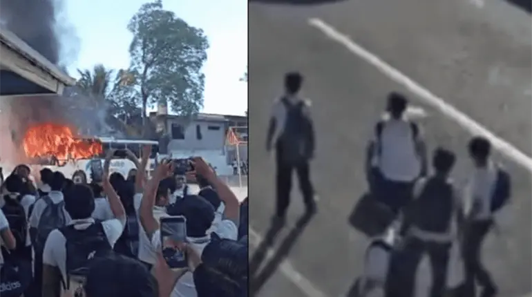 Con quema de camión, protestan alumnos del Conalep Villahermosa