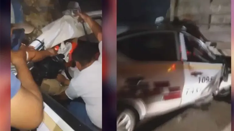 Conductor de taxi queda prensado tras impactarse con góndola en la Villahermosa- Macuspana