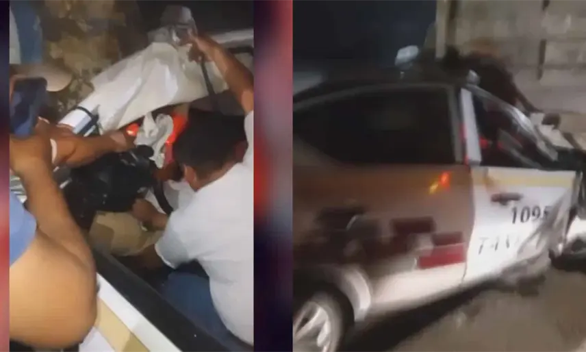 Conductor de taxi queda prensado tras impactarse con góndola en la Villahermosa- Macuspana